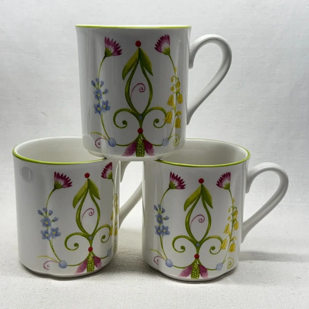 Pier 1 Imports Lyda Coffee Mugs Set of 3‎ White Floral Whimsical Cottagecore